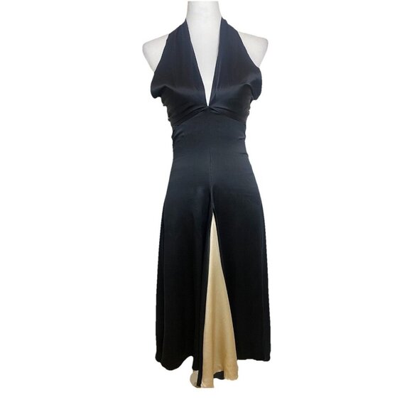 Vintage Mara Hoffman 100% Silk Late 90’s Y2K Era Black Tan Satin Halter Dress S - Picture 1 of 14